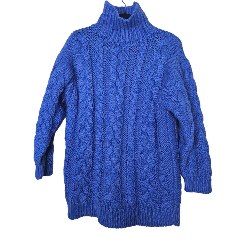 Vintage 90s Esprit L Cornflower Blue Wool Turtleneck Sweater Cable Knit Cottage
